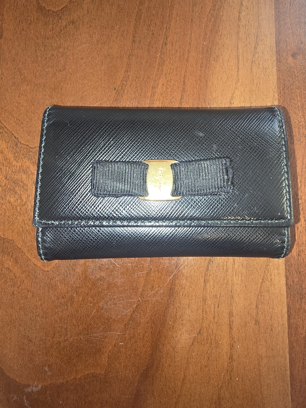 Salvatore Ferragamo Genuine Black Leather Wallet / Key Holder with Bow, Like New